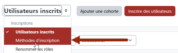 Une flèche indique le menu "Méthodes d'inscription" sur lequel cliquer pour accéder aux différentes méthodes d'inscriptions