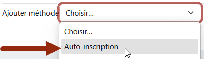Une flèche montre l'auto-inscription dans le menu déroulant d'Ajouter méthode.