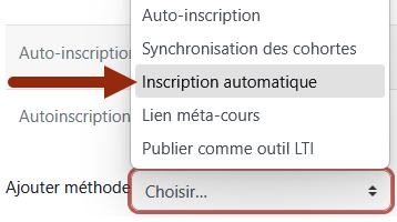 Une flèche montre l'inscription automatique dans le menu déroulant d'Ajouter méthode