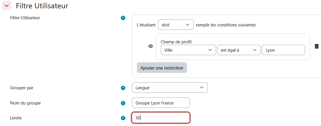 La configuration possible de filtre utilisateur pour grouper des participants automatiquement en fonction de critères définis