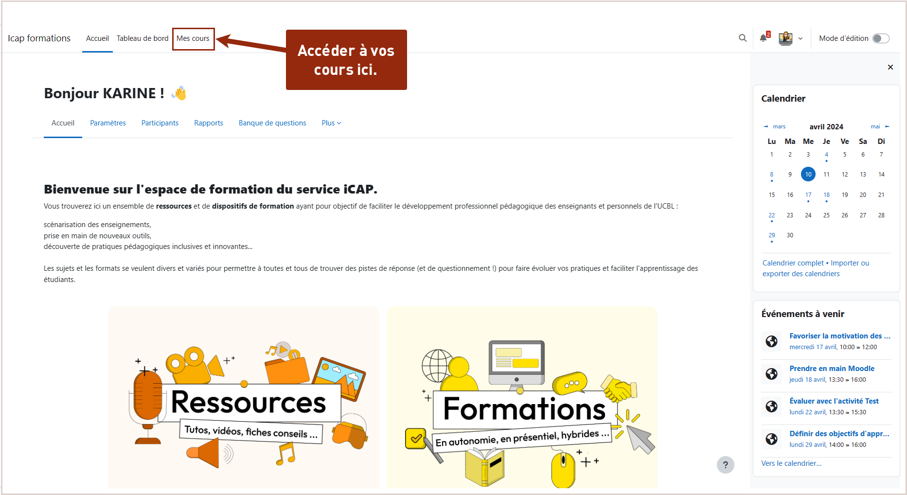 Interface d'accueil une fois connecté. Dans le bandeau haut, trois onglets : Accueil, Tableau de bord, Mes cours. 