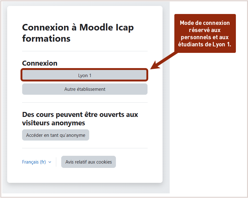 Choix du mode de connexion : deux boutons Lyon 1 et autres établissements.
Cliquez sur Lyon1