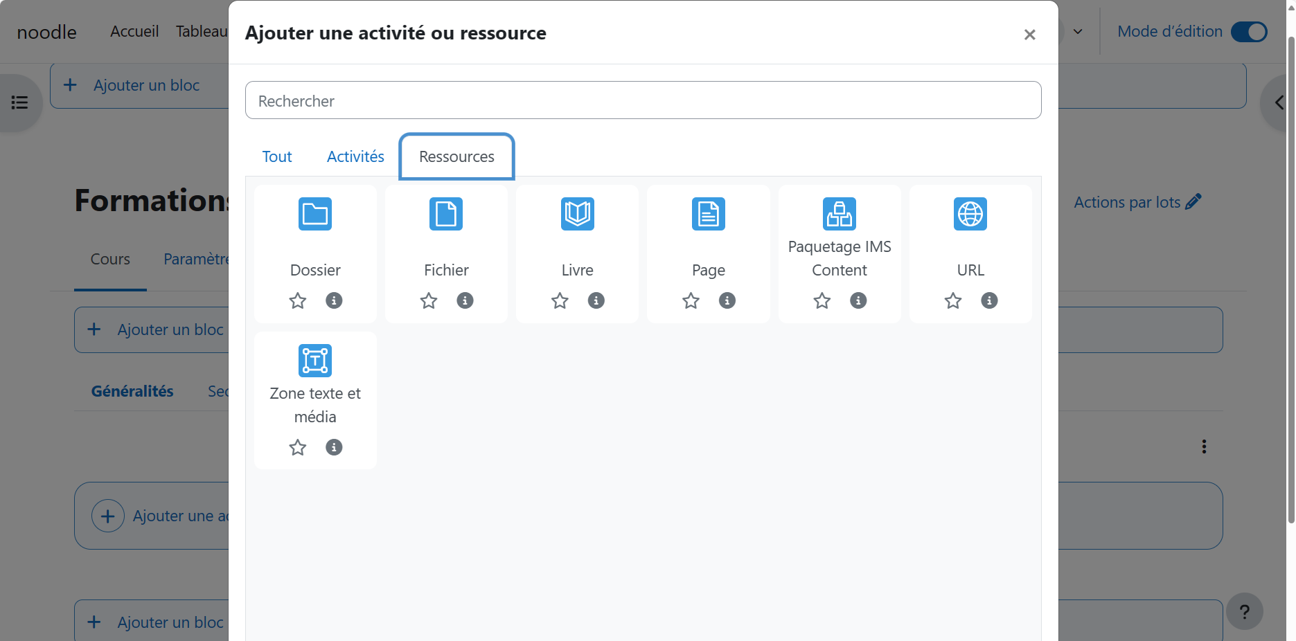 Dans l'onglet Ressources, 6 éléments cliquables: dossiers, fichier, livre, page, paquetage IMS content, zone texte et médias.