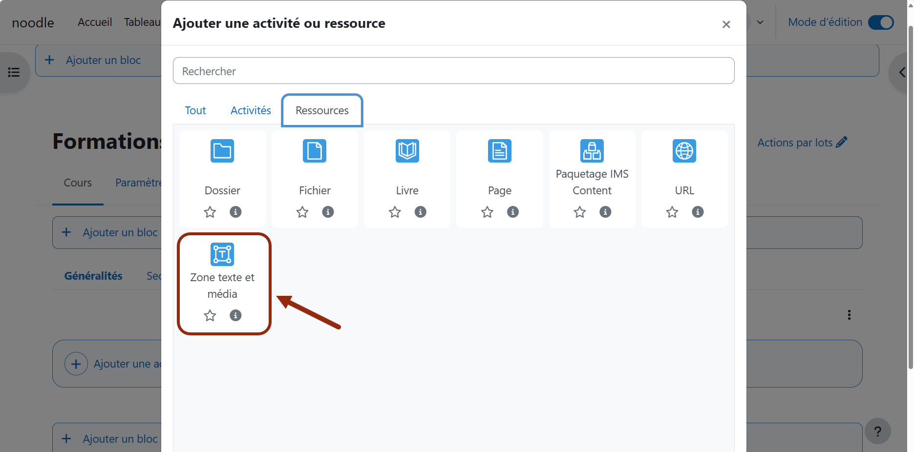 Dans l'onglet Ressources, parmi les 6 éléments cliquables, cliquez sur "zone texte et média".