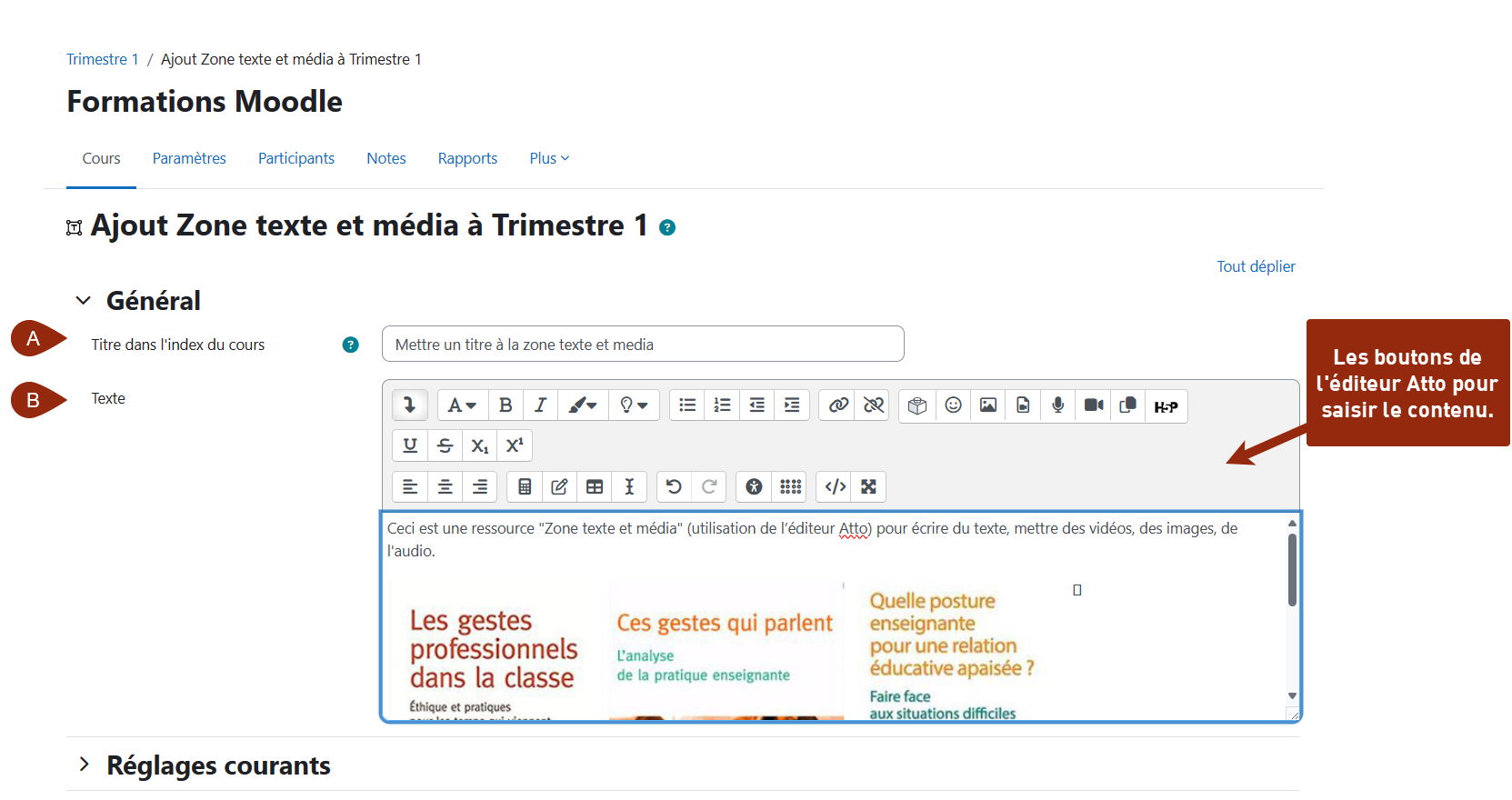 Mettre un titre (A) et mettre un contenu texte et/ou média dans le champ Texte (B). L'éditeur Atto est dans le champ texte.
