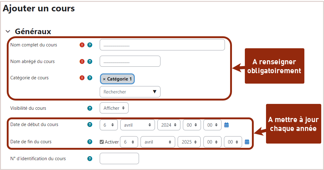 Renseignez les paramètres obligatoires (nom du cours et catégories) et les dates du cours chaque année.