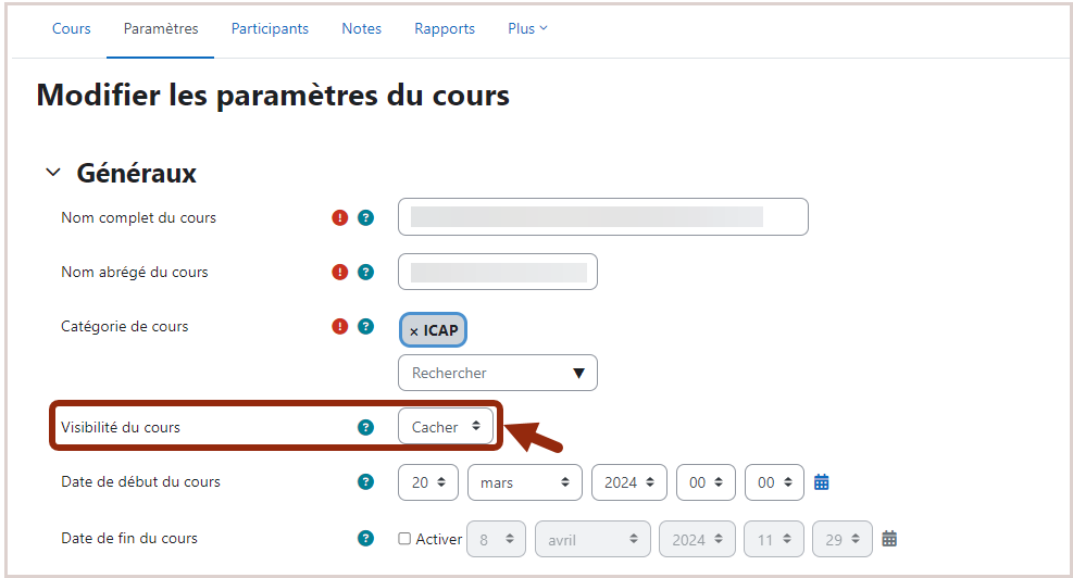 Dans les paramètres du cours, sélectionner "Cacher" dans le camp Visibilité du cours