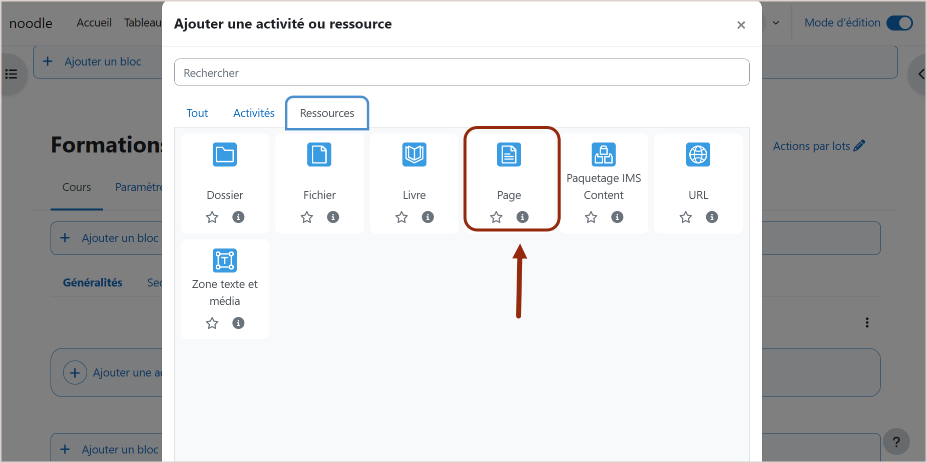 Dans l'onglet Ressources, il y a 7 éléments cliquables. Vous trouverez l'élément "Page" sur lequel cliquer.