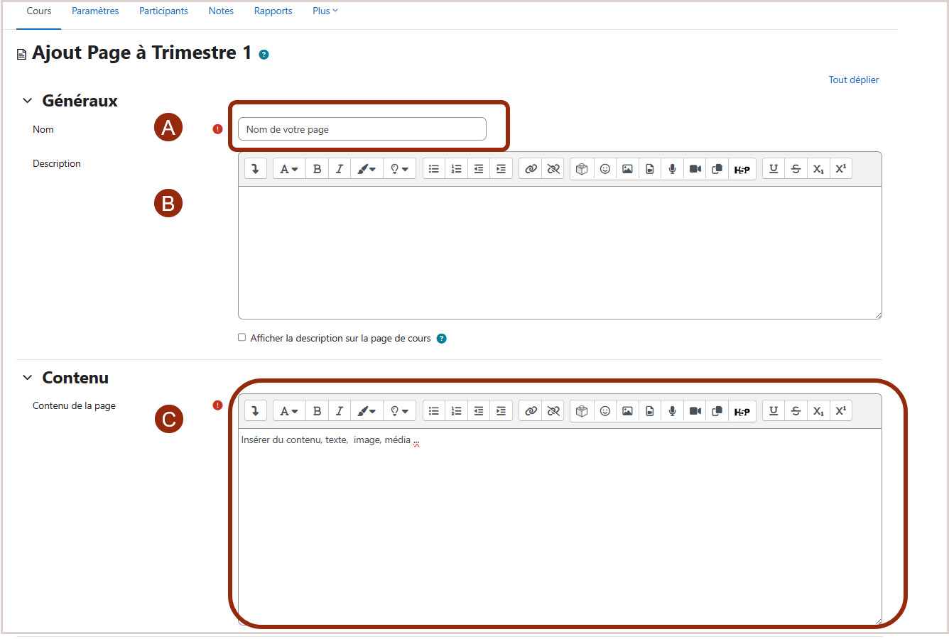 Dans la partie "Généraux", il y a les champs "Nom" de la page, "Description". Dans la partie "Contenu", une zone de texte