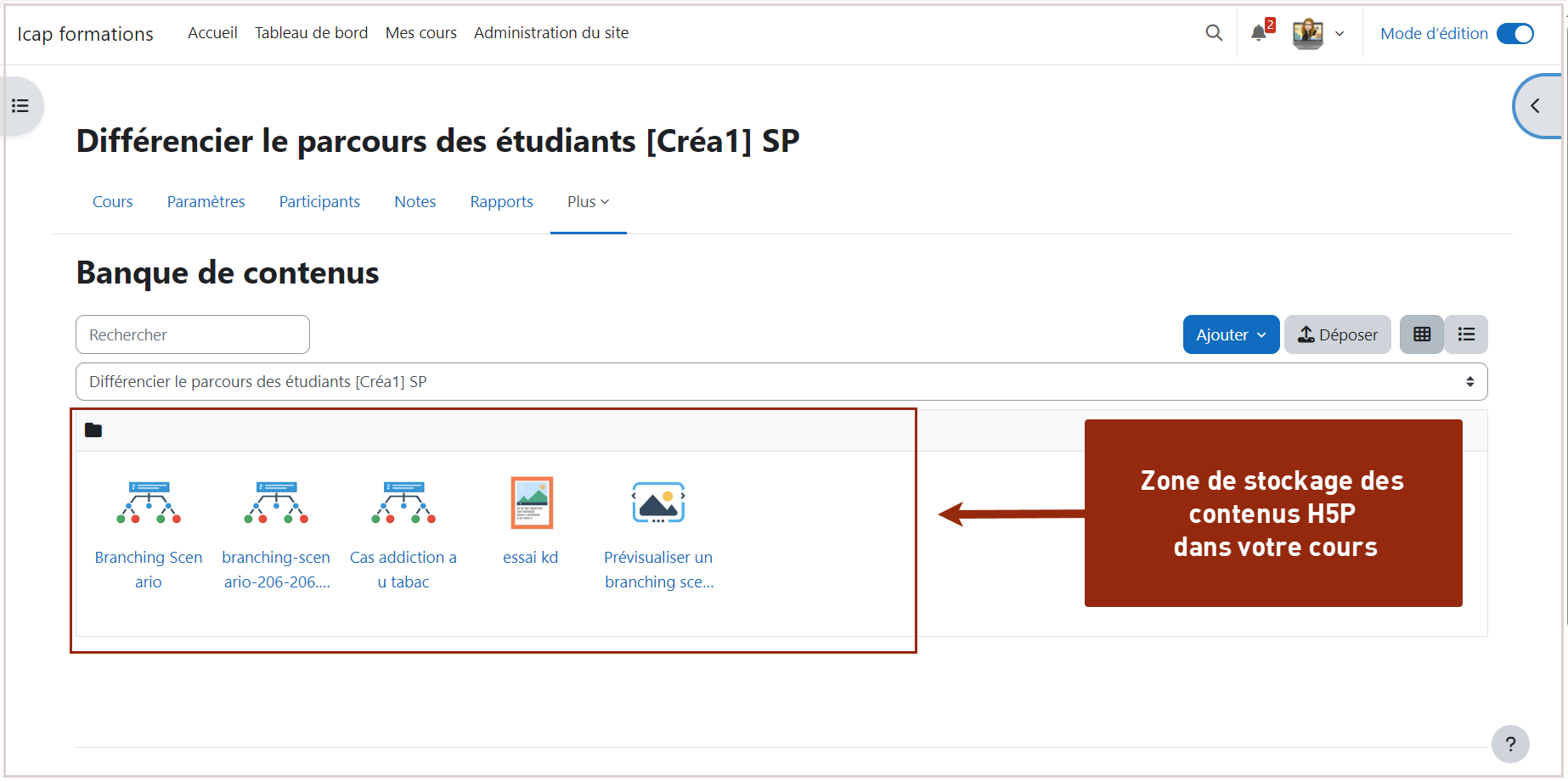 interface de la banque de contenus du cours. zone de recherche et zone de stockage des contenus H5P créés pour le cours.