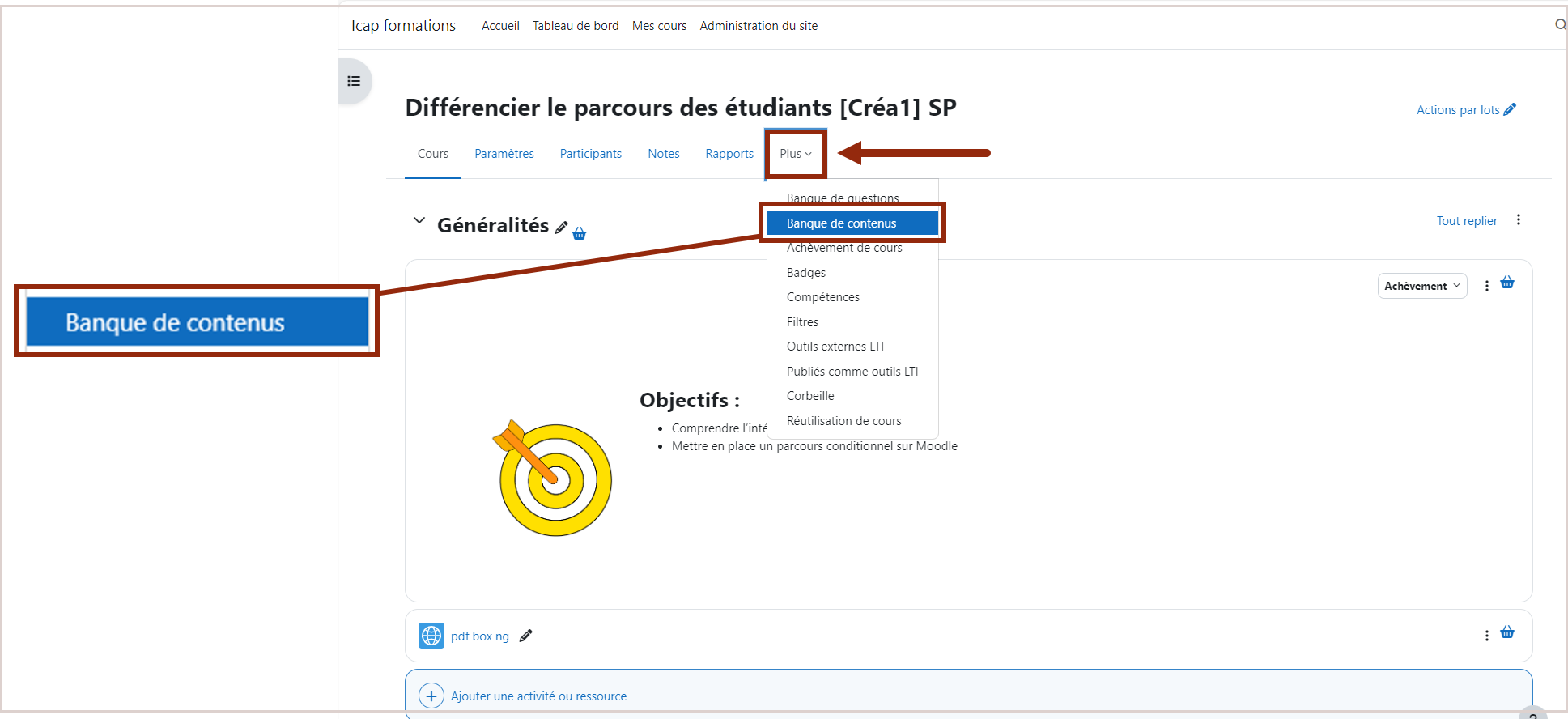 Dans le cours, en mode d'édition, il y a 6 onglets sous le titre du cours. Cliquez sur l'onglet numero 6 "Plus".