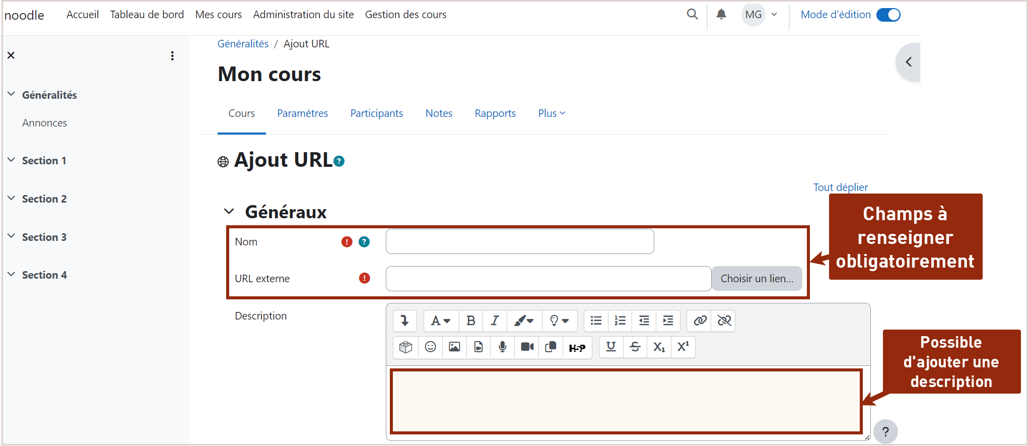 Renseigner les champs obligatoires (nom et URL externe), éventuellement une description