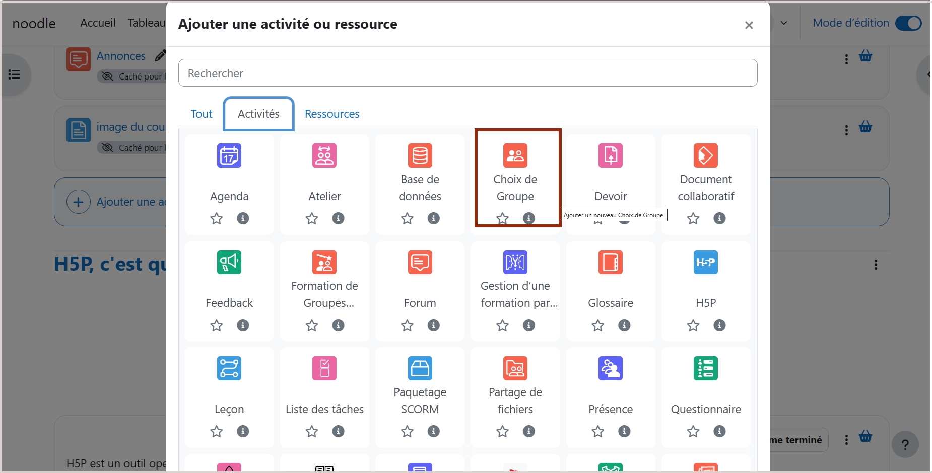 Dans l'onglet "Activités", Choix de groupe est encadré.