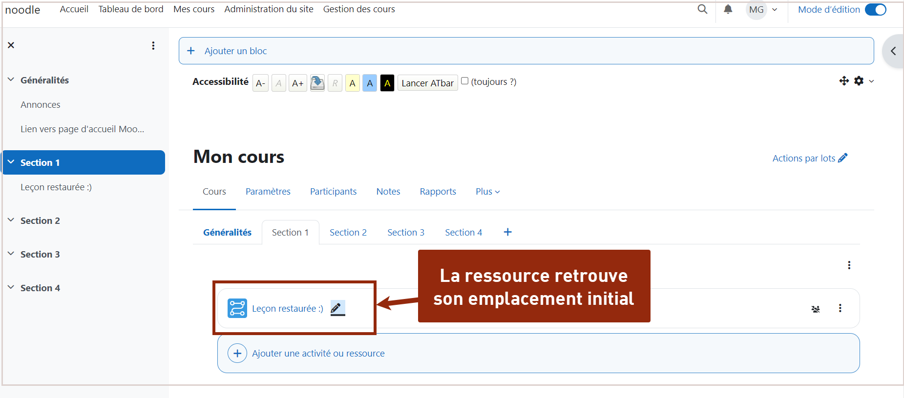 La ressource supprimée retrouve son emplacement initial