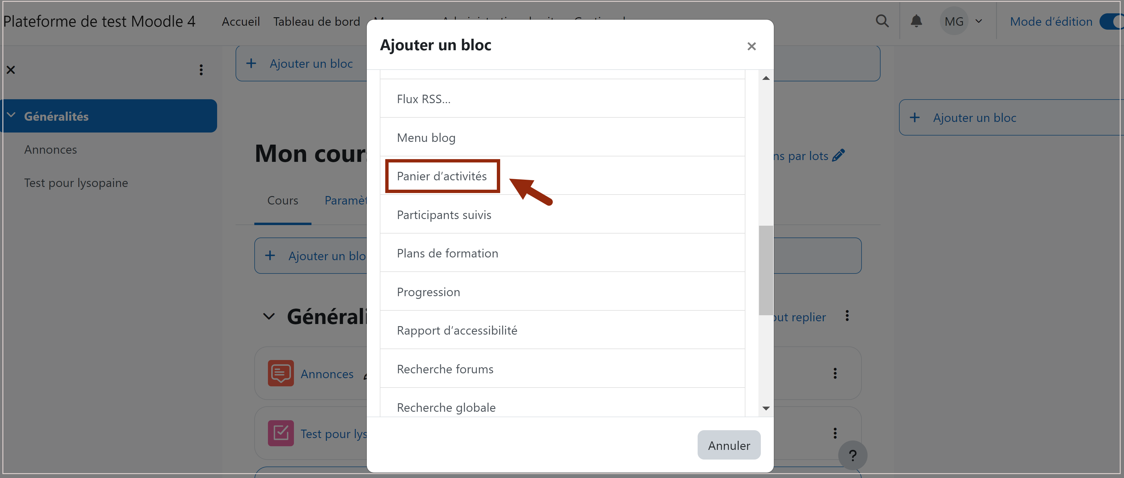 Dans la fenêtre pop-up qui apparaît, sélectionnez le bloc "Panier d'activités". 