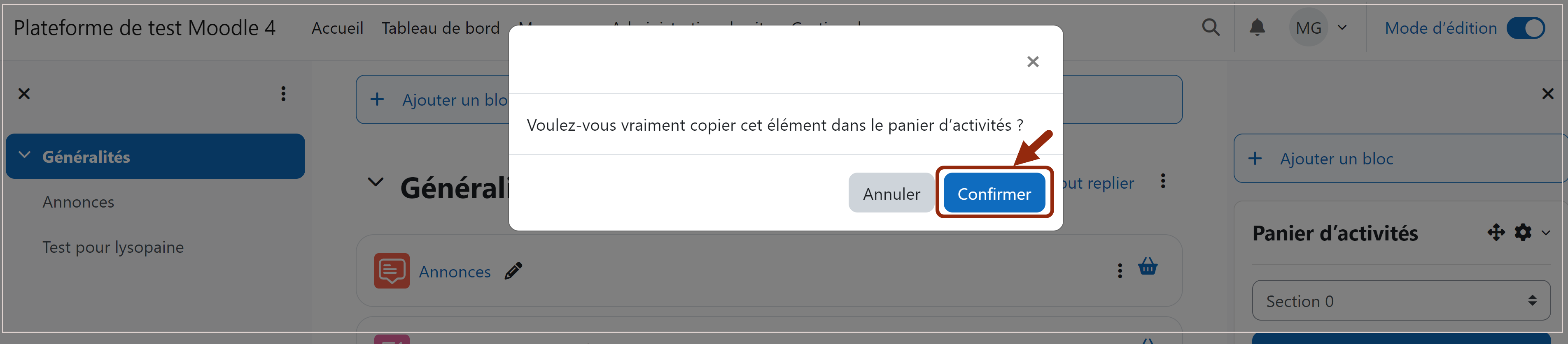 Confirmez la copie de cet élément en cliquant sur le bouton "Confirmer" dans la pop-up