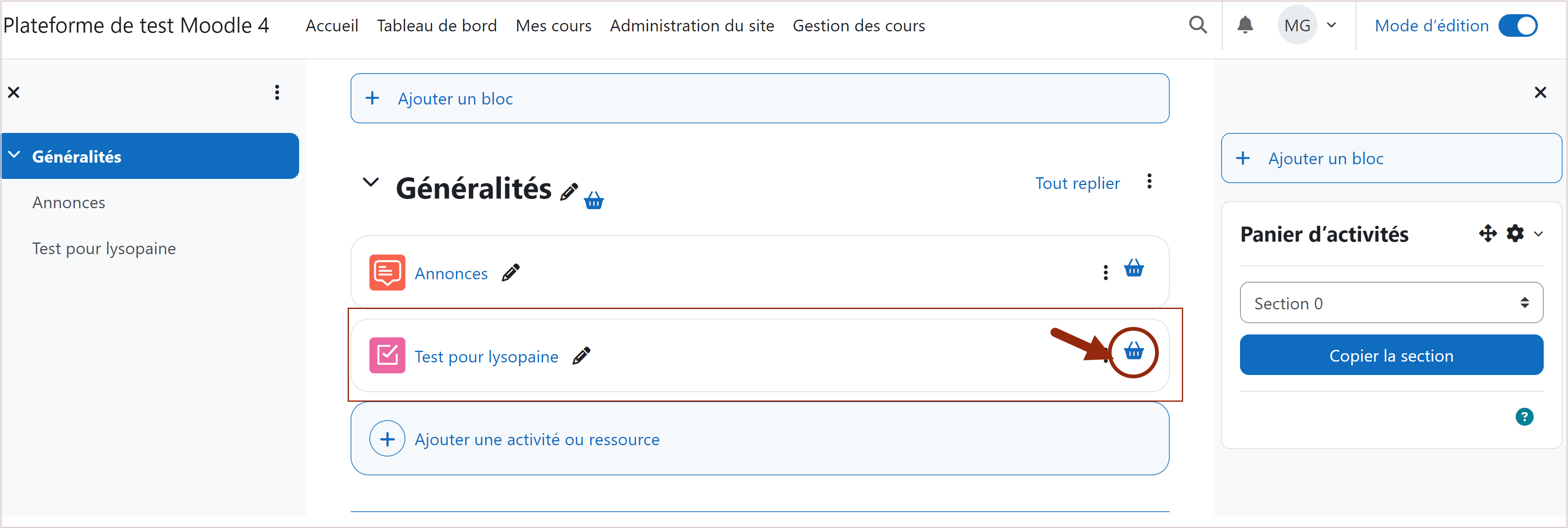 Dans la partie centrale de votre cours, copier votre activité dans le "Panier d'activités" en cliquant sur l'icône en forme d