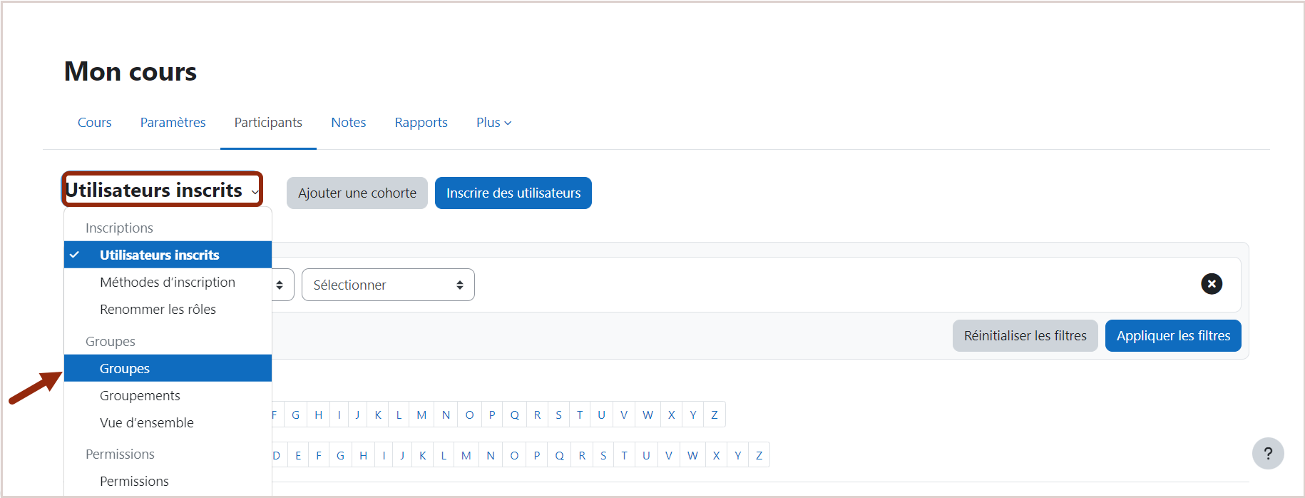 Dans "Utilisateurs inscrits", dépliez le menu déroulant. L'option "Groupe" est sélectionnée.