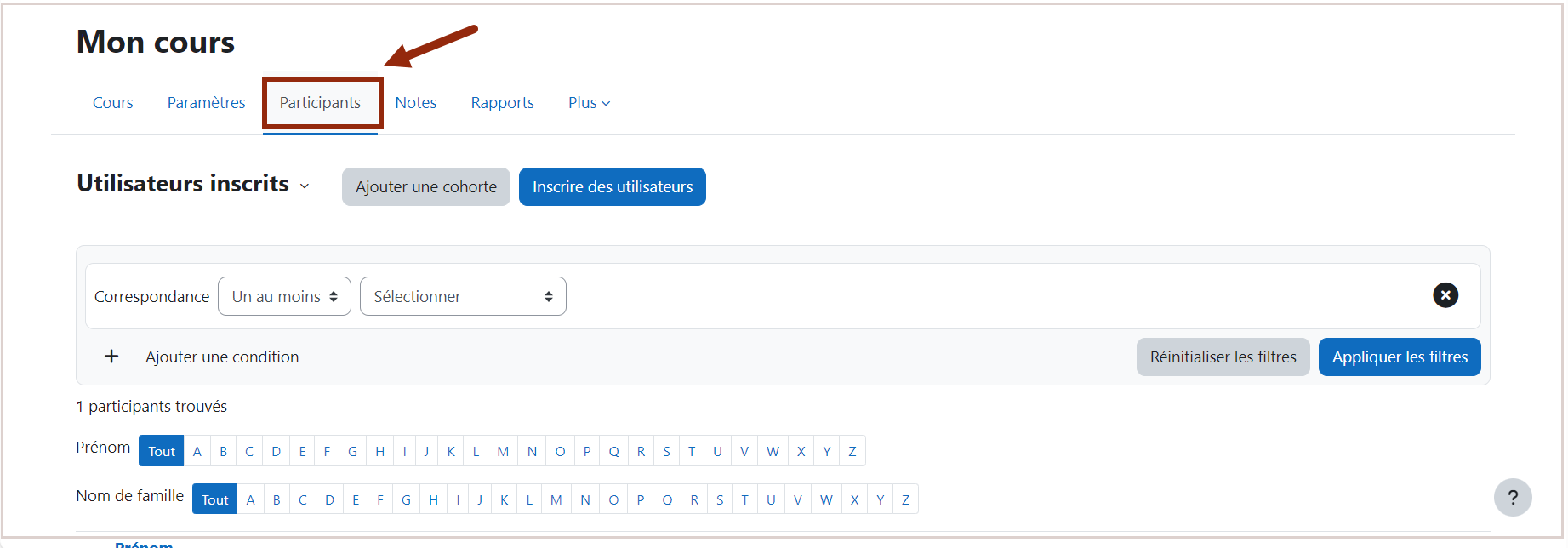 Sous le titre du cours, il y a 6 onglets. Cliquez sur le 3ème nommé "Participants"
