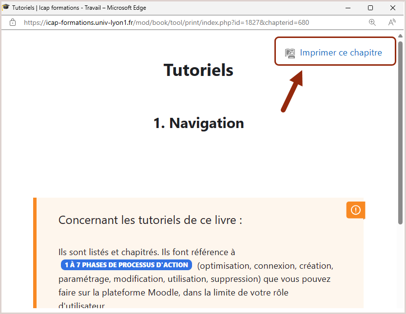 Une fenêtre s'est ouverte à l'écran. Un texte "imprimer ce chapitre" en haut de page, à droite, renvoi à votre imprimante.