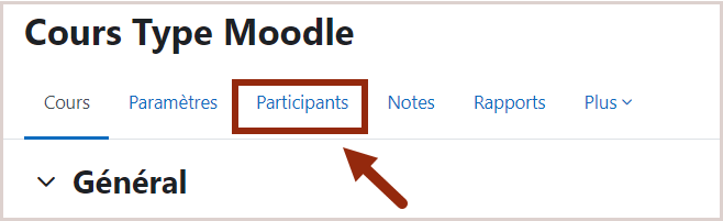 6 onglets sous le nom du cours; l'onglet participants est en 3 ème place après "Paramètres"
