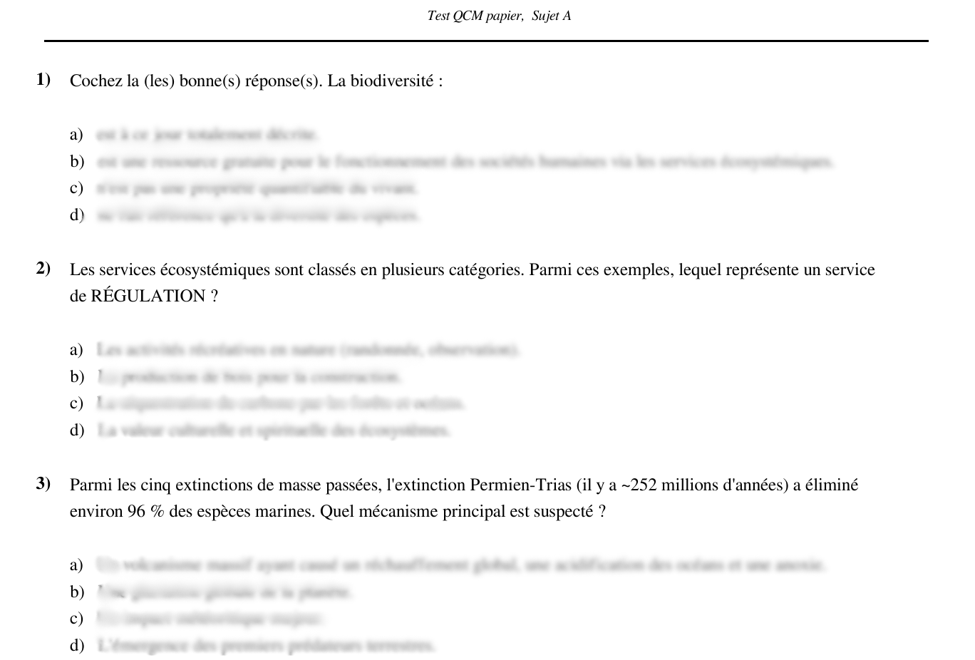 Extrait de la feuille des questions du QCM papier