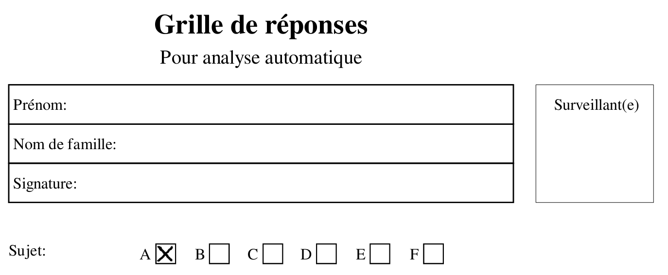 Bloc d'identification de l'étudiant, du surveillant et indication du sujet de la grille de réponses
