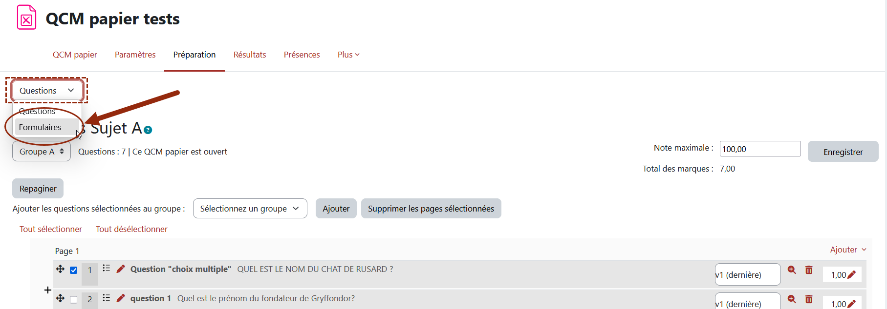 illustration menu déroulant en haut à gauche et sélection de l’option Formulaires 
