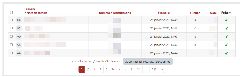 Page des résultats de l’examen QCM papier