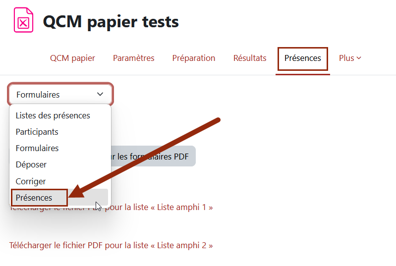Page des « Présences » et sélection dans le menu déroulant