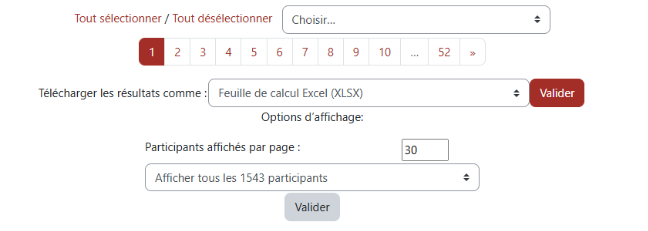 Menus pour trier, modifier et télécharger les présences