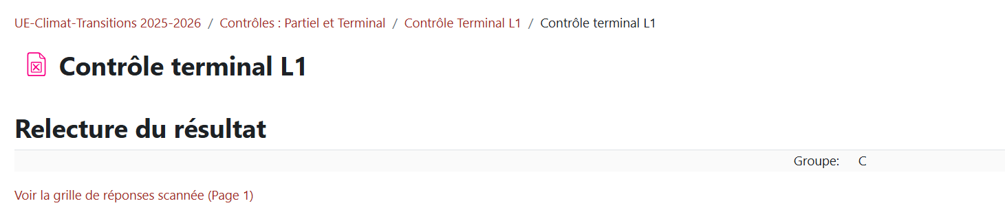 Page de relecture du résultat et lien vers la grille de réponses scannée