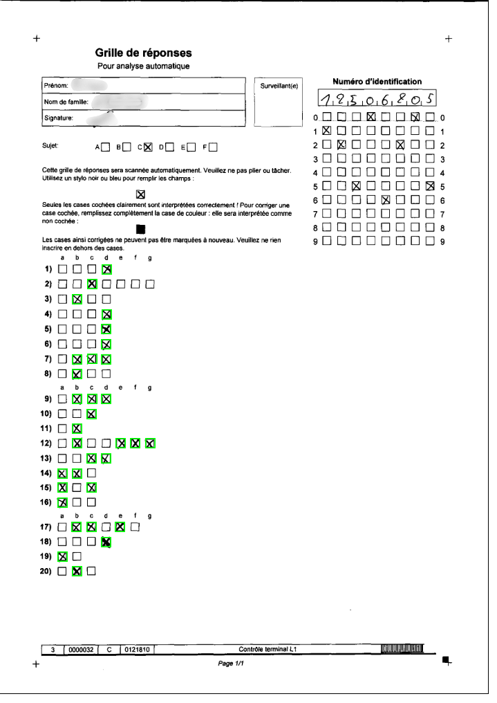 Page de relecture du résultat de la correction de la grille de réponse.