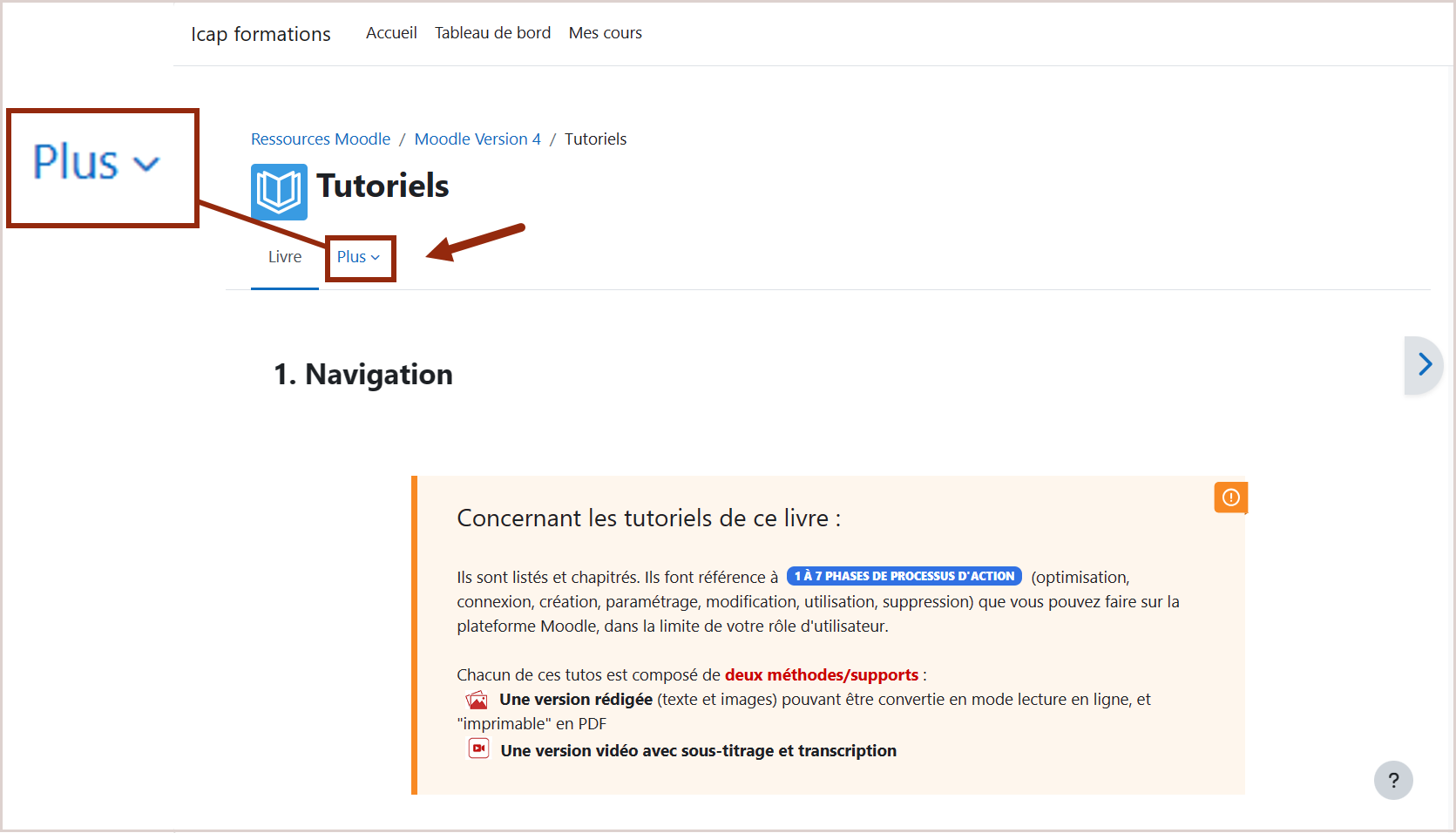 Sous le titre du livre "Tutoriels" il y a un onglet "PLUS".